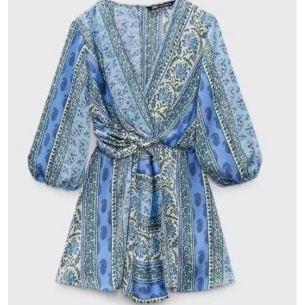 Zara Floral Paisley‎ Patchwork Romper Womens Small Blue Boho Ring Detail V-Neck